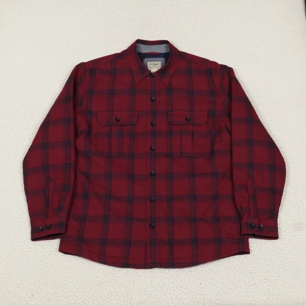LL Bean Primaloft Lined Shirt Mens Medium Burgundy Plaid Quilted Jacket 298234